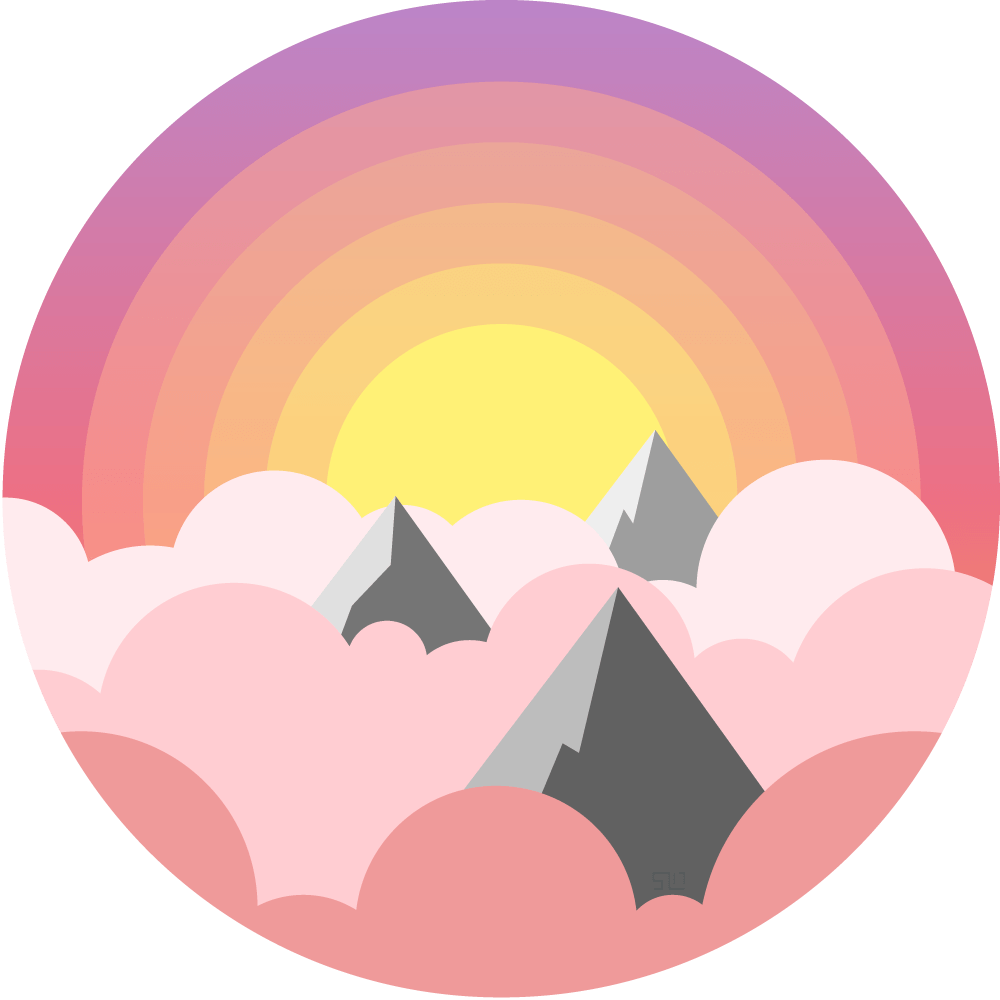 vector illustration of the tops of mountains poking through pink and purple clouds with the sun shining behind enclosed in a circle
