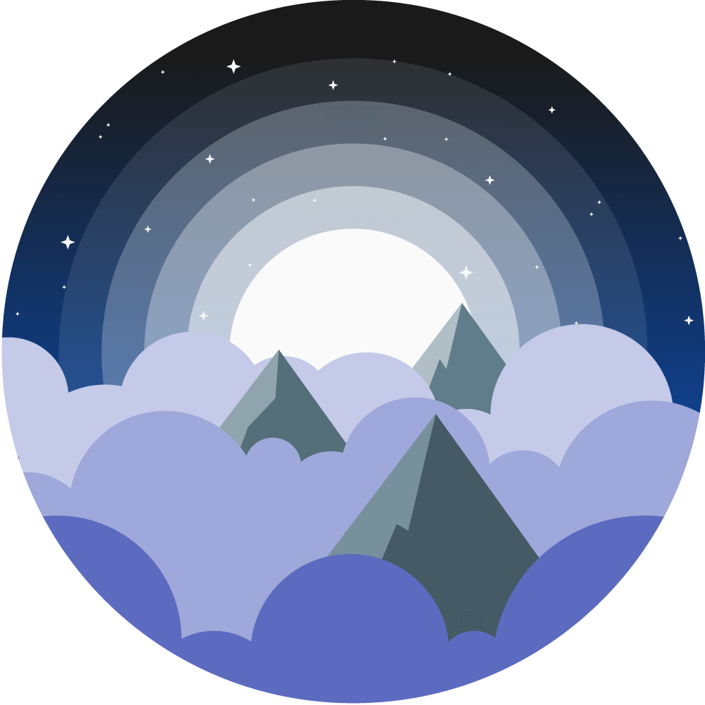 vector illustration of the tops of mountains poking through blue and purple clouds with the moon shining behind and stars in the sky enclosed in a circle