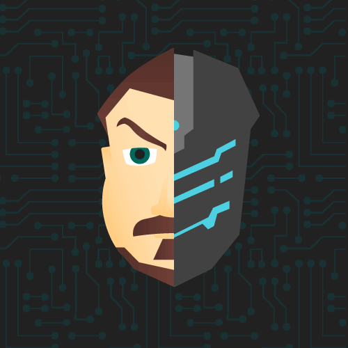 vector illustration with the left side a man's bearded face and the right side a robot face