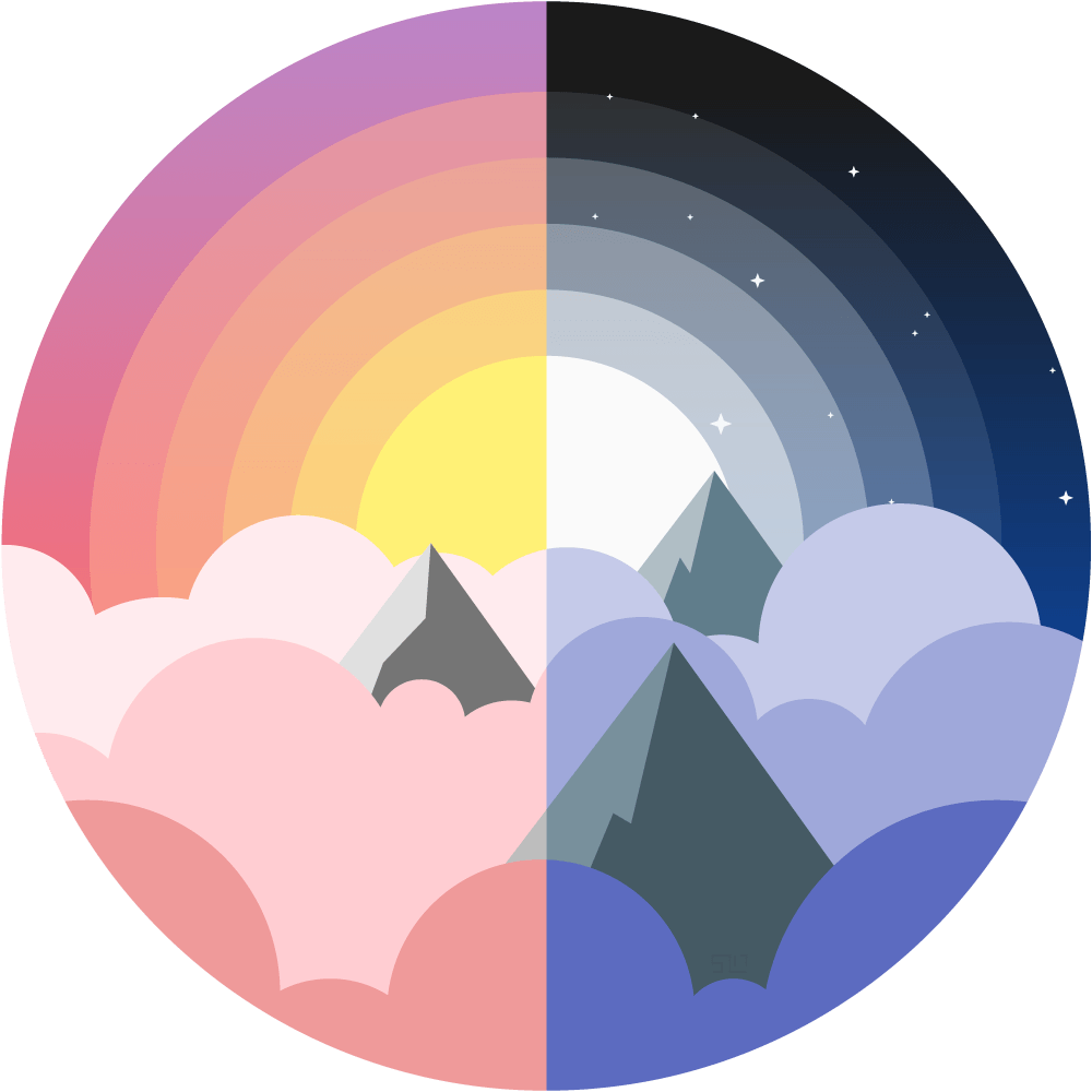 vector illustration of the tops of mountains poking through clouds, left half is daytime with a sun shining behind, right side is nighttime with the moon and stars shining behind, all enclosed in a circle