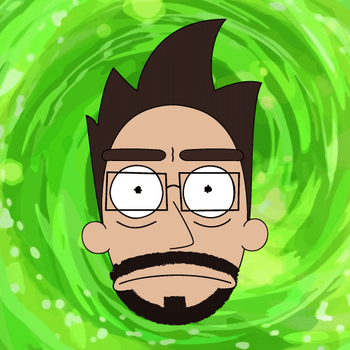 bearded man's face with brown hair with a green vortex in the background