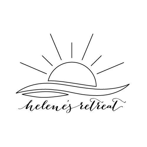 logo with a sun and waves with text underneath that reads Helenes Retreat
