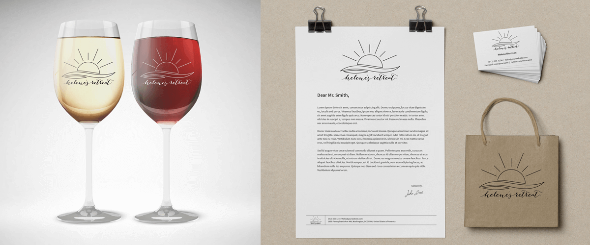 helene's retreat final version logo mockup with stationary and wineglasses