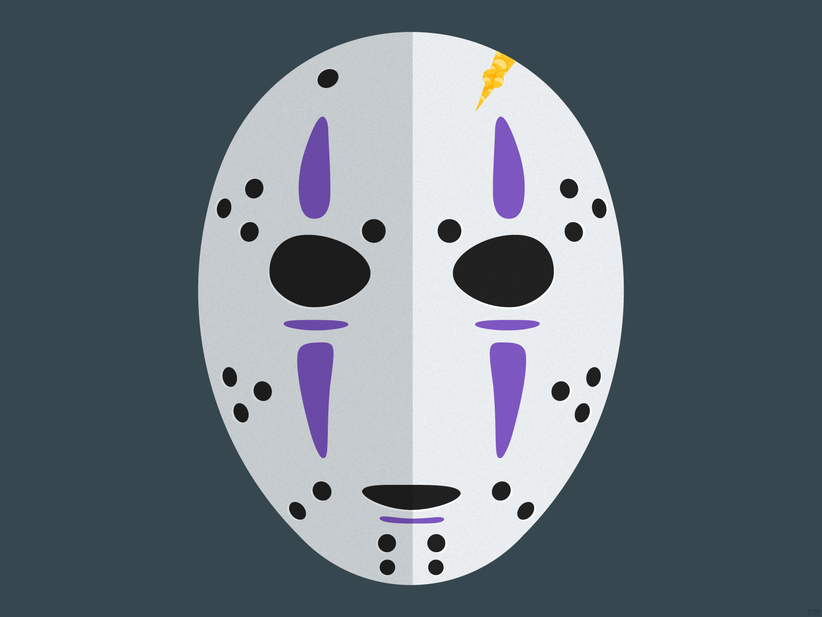image of a hockey mask with purple stripes and a crack filled with gold